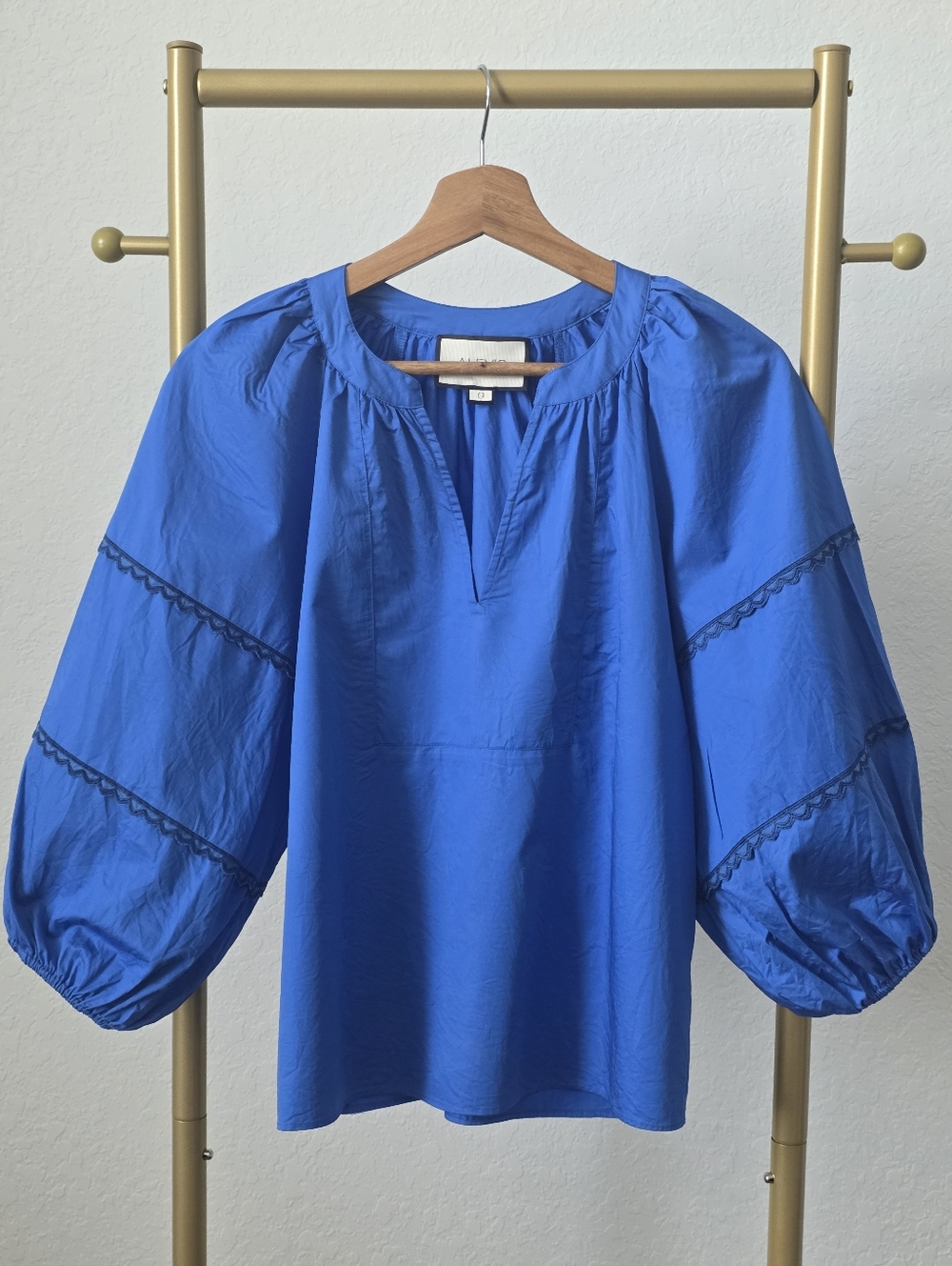 Alexis Blouse with Embroidery Trim in Cobalt, Small, Long Puff Sleeves